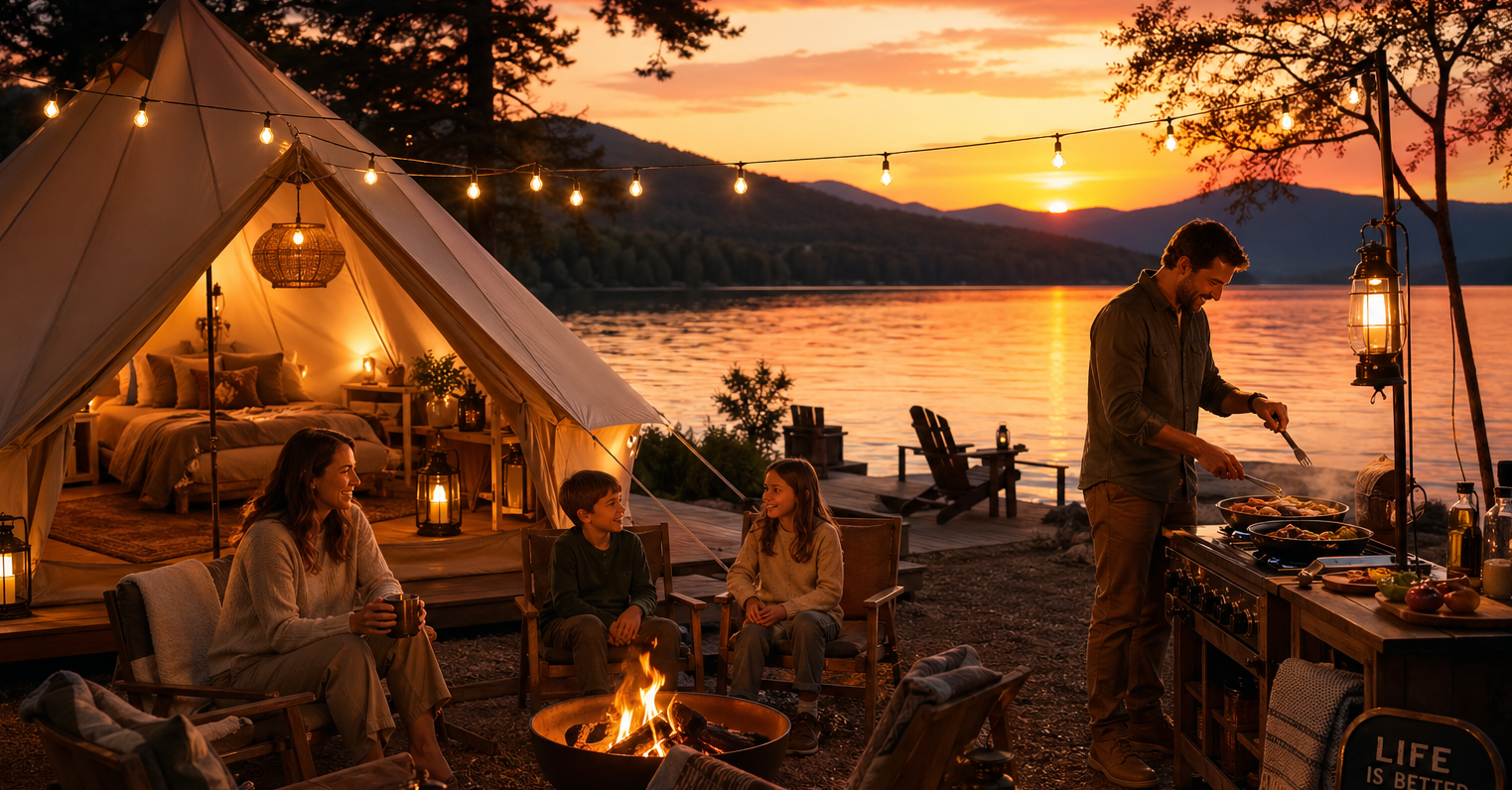 Cozy lakeside glamping at sunset