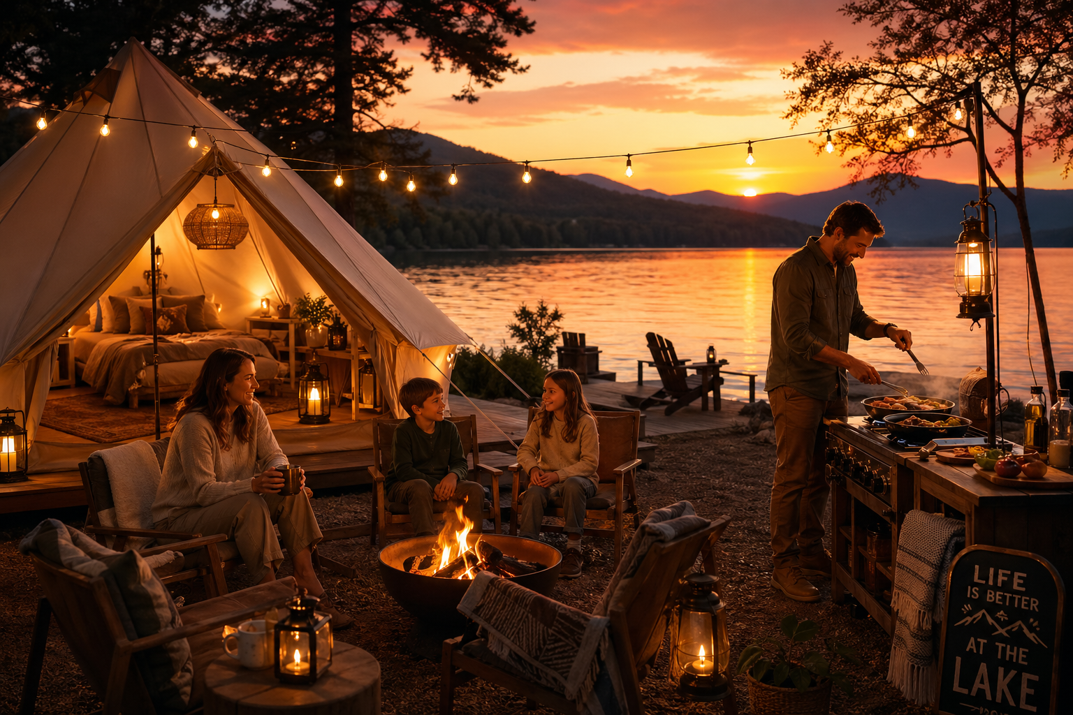 Cozy lakeside glamping at sunset